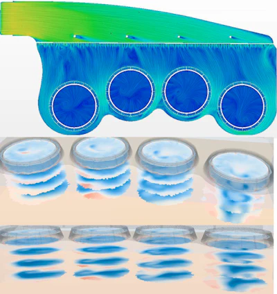 Different orientations of flow images of one-half of the eight-window Sapphire XC, showing the consistent gas flow quality achieved despite the extremely tight packaging volume.