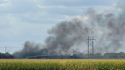 Smoke rises after an explosion at Union Pacific's Bailey Yard in North Platte, Neb., Thursday, Sept. 14, 2023. An explosion Thursday inside a shipping container generated toxic smoke and forced evacuations.