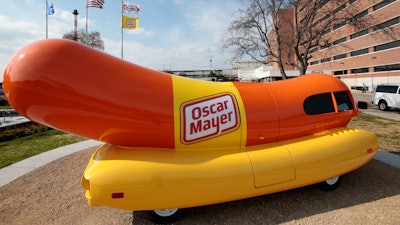 The Oscar Mayer Wienermobile sits outside the the Oscar Meyer headquarters, Oct. 27, 2014, in Madison, Wis.