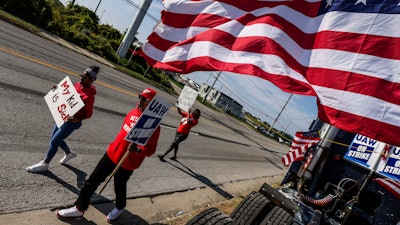 United Auto Workers from Detroit join Local 12 members in solidarity as strikes continue on Stickney Avenue outside Stellantis Toledo Assembly Complex on Saturday, Sept. 23, 2023, in Toledo, Ohio.