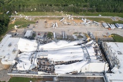 Debris is scattered around the Pfizer facility, July 19, 2023, in Rocky Mount, N.C., after damage from severe weather.