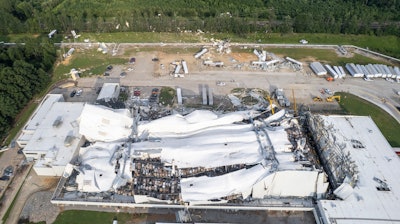 Debris is scattered around the Pfizer facility, July 19, 2023, in Rocky Mount, N.C., after damage from severe weather.