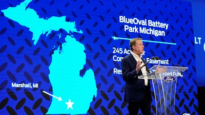 Ford Motor Co. Executive Chairman Bill Ford announces the automaker's new BlueOval Battery Park, Feb. 13, 2023, in Romulus, Mich.