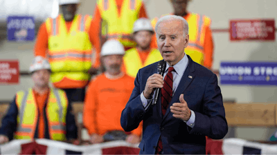 President Joe Biden delivers remarks on his economic agenda at a training center run by Laborers' International Union of North America, Feb. 8, 2023, in Deforest, Wis.