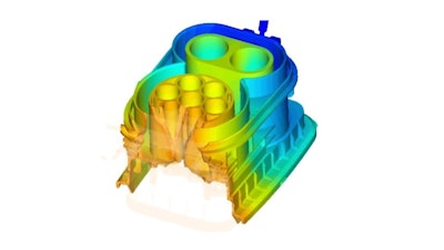 Simulation serves a quality-measurement workflow early on by predicting material behavior and testing design parameters. A final CT production scan of this automotive charging inlet also informs the simulation about new variations and manufacturing distortions.