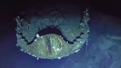 In this photo provided by the Ocean Exploration Trust, the chrysanthemum flower crest, an honored imperial symbol of Japan, can still be seen prominently on the bow of aircraft carrier Akagi 81 years after the aircraft carrier's sinking on Sept. 10, 2023.