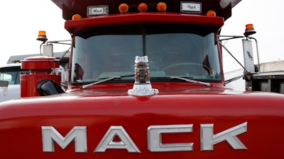 A hood ornament is seen on a used Mack truck on a lot in Evans City, Pa., Jan. 9, 2020.
