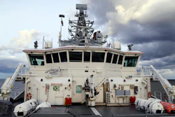 In this picture provided by The Finnish Border Guard, Finnish Border Guard's offshore vessel Turva on patrol at sea, Tuesday, Oct. 10, 2023 near the place where damaged Balticconnector gas pipeline is pinpointed at the Gulf of Finland.