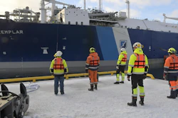 A view of the Vessel FSRU Exemplar, the floating liquefied natural gas LNG terminal chartered by Finland to replace Russian gas, at the port in Inkoo, Finland, Friday, Dec. 30, 2022.