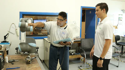 Initial setup and programming of Dallas manufacturer Aircraft Tooling’s new collaborative robot took only four hours. The programming happens through the touch screen that comes with the robot, which can also be programmed either through the arrow keys on the robot’s touch screen or by using the “teach method”, allowing the user to simply grab the robot arm and move it through way points.
