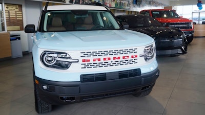 A Ford Bronco is displayed at a Gus Machado Ford dealership on Jan. 23, 2023, in Hialeah, Fla.
