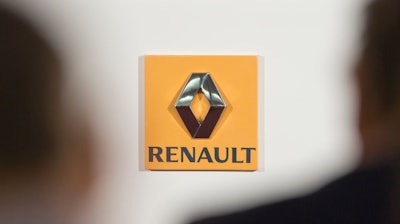 This Feb. 12, 2015 file photo shows the logo of French car maker Renault seen in a press conference held in Paris, France.
