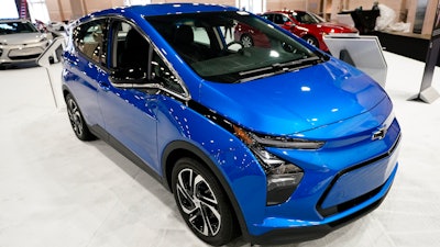 A Chevrolet Bolt is displayed at the Philadelphia Auto Show, Jan. 27, 2023, in Philadelphia.