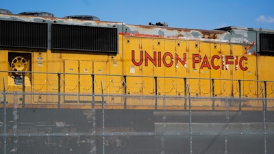 A Union Pacific train engine sits in a rail yard on Wednesday, Sept. 14, 2022, in Commerce, Calif.