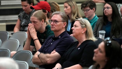 People listen during a National Transportation Safety Board investigative hearing at East Palestine High School, discussing the Feb. 3, 2023, Norfolk Southern Railway train derailment and subsequent hazardous material release and fires in East Palestine, Ohio, Thursday, June 22, 2023.