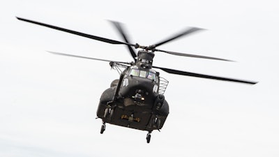 An MH-47G Block II undergoing flight test in early 2023.
