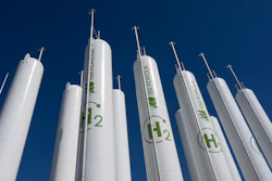 Hydrogen storage tanks are visible at the Iberdrola green hydrogen plant in Puertollano, central Spain, March 28, 2023.