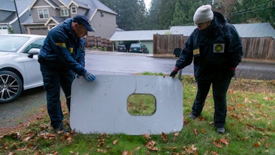 This photo released by the National Transportation Safety Board shows the door plug from Alaska Airlines Flight 1282 on Monday, Jan. 8, 2024, in Portland, Ore.