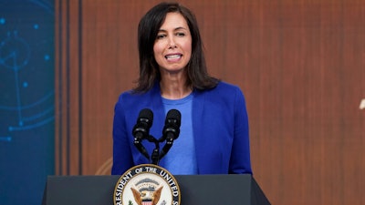 Federal Communications Commission Chairwoman Jessica Rosenworcel speaks from the South Court Auditorium on the White House complex in Washington, Monday, Feb. 14, 2022.