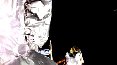 In this image from a mounted camera released by Astrobotic Technology, shows a section of insulation on the Peregrine lander. The U.S. company's lunar lander will soon burn up in Earth's atmosphere after a failed moonshot. Astrobotic Technology says its lander is now headed back from the vicinity of the moon. Company officials expect the mission to end Thursday.