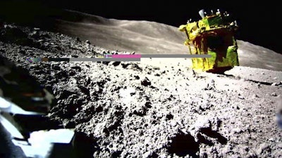 This image shows an image taken by a Lunar Excursion Vehicle 2 (LEV-2) of a robotic moon rover called Smart Lander for Investigating Moon, or SLIM, on the moon.