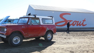 Scout Motors shows off one of its older gasoline powered models at a ceremony to celebrate the start of construction of its new electric SUV, Thursday, Feb. 15, 2024, in Blythewood, S.C.