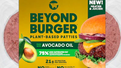 This image provided by Beyond Meat shows packaging for the latest iteration of the plant-based Beyond Burger.