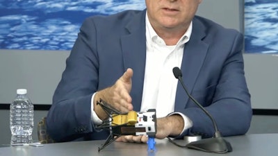 In this image from video provided by NASA, Steve Altemus, CEO and co-founder of Intuitive Machines, describes how it is believed the company's Odysseus spacecraft landed on the surface of the moon, during a news conference in Houston on Friday, Feb. 23, 2024.