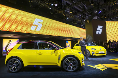 Renault group's general director Luca De Meo presents the New Renault R5 E-Tech electric model car, during the press day at the 91th Geneva International Motor Show (GIMS) in Geneva, Switzerland, Monday, Feb. 26, 2024.