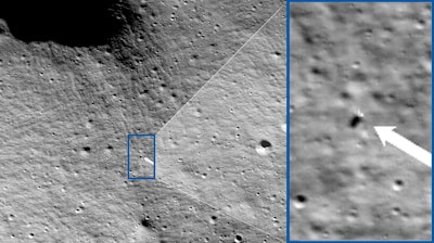 These photos provided by NASA show images from NASA’s Lunar Reconnaissance Orbiter Camera team which confirmed Odysseus completed its landing. After traveling more than 600,000 miles, Odysseus landed within 1.5 km of its intended Malapert A landing site, using a contingent laser range-finding system patched hours before landing.