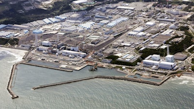 This aerial view shows the wrecked Fukushima Daiichi nuclear power plant in Okuma town, northeastern Japan, on Aug. 24, 2023.