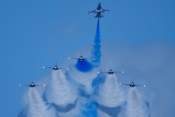 South Korean Air Force's Black Eagles aerobatic team performs during the first day of the Singapore Airshow in Singapore, Tuesday, Feb. 20, 2024.