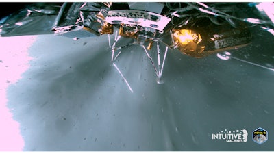 This image provided by Intuitive Machines shows a broken landing leg on the Odysseus lander. The lander touched down near the moon's south pole on Feb. 22, 2024, but then fell over on its side, hampering communications.