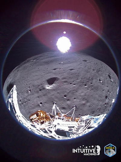 This image provided by Intuitive Machines shows a view from the Odysseus lunar lander made with a fisheye lens on Feb. 22, 2024. Before its power was depleted, Odysseus sent this photo in its farewell transmission, received on Thursday, Feb. 29.