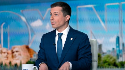 Transportation Secretary Pete Buttigieg speaks during an interview with 'Fox News Sunday' anchor Shannon Bream at the Fox News bureau in Washington, Sunday, March 10, 2024.