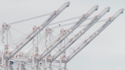 Cranes stand idle on Wednesday, March 27, 2024, in Baltimore, Md.