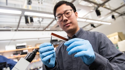 University of Chicago materials researcher Pengju Li holds a prototype pacemaker made of a specially engineered membrane.