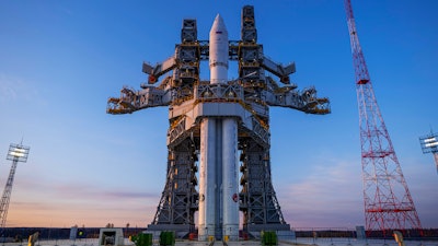 In this photo released by Roscosmos space corporation on Wednesday, April 3, 2024 an Angara-A5 rocket is seen during preparation for the launch at Vostochny space launch facility outside the city of Tsiolkovsky, about 200 kilometers (125 miles) from the city of Blagoveshchensk in the far eastern Amur region, Russia. The Angara-A5 is a new heavy-lift rocket developed in Russia.