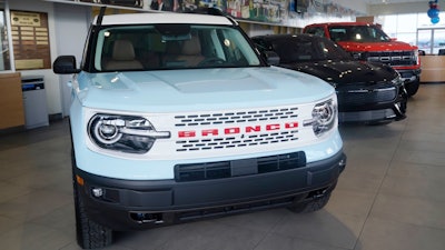 A Ford Bronco is displayed at a Gus Machado Ford dealership on Jan. 23, 2023, in Hialeah, Fla.