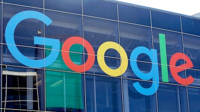 A sign is shown on a Google building at their campus in Mountain View, Calif., on Sept. 24, 2019.