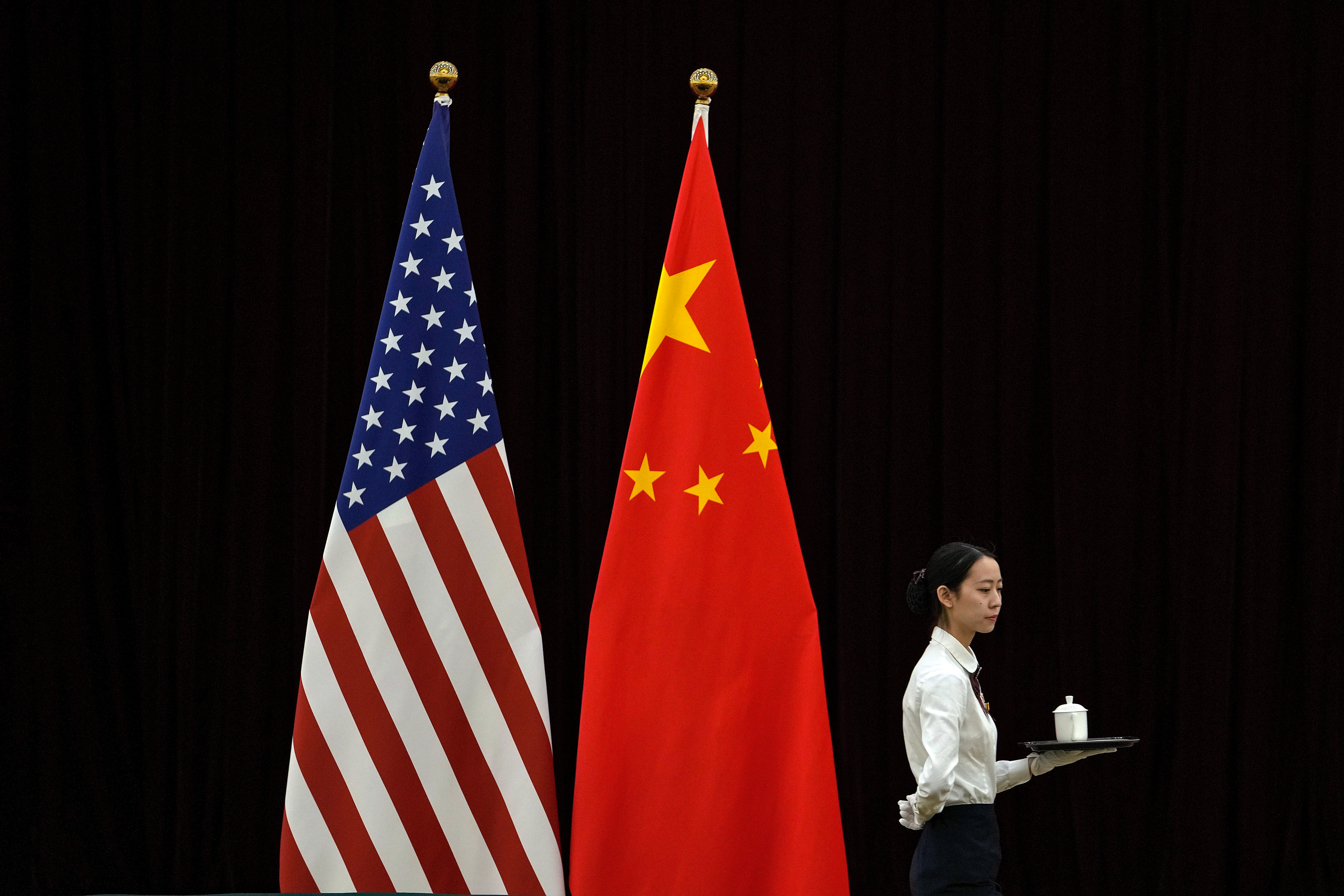 U.S. and China flags at a meeting between U.S. Treasury Secretary Janet Yellen and Chinese Vice Premier He Lifeng, Guangdong Zhudao Guest House, Guangzhou, China, April 6, 2024.