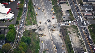 Aerial view of crews removing the Fairfield Avenue bridge over Interstate 95, Norwalk, Conn., May 4, 2024.