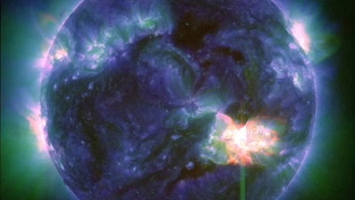 This image provided by NASA shows a solar flare, as seen in the bright flash in the lower right, captured by NASA’s Solar Dynamics Observatory on May 9, 2024. A severe geomagnetic storm watch has been issued for Earth starting Friday and lasting all weekend _ the first in nearly 20 years.