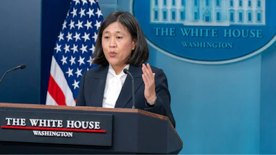 U.S. Trade Representative Katherine Tai speaks with reporters in the James Brady Press Briefing Room at the White House, Tuesday, May 14, 2024, in Washington.