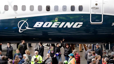 A Boeing 737 MAX 7 is displayed during a debut for employees and media on Feb. 5, 2018, in Renton, Wash.