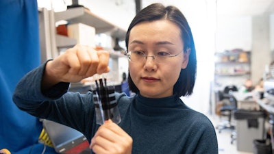 Aerospace engineering professor Nanshu Lu with the stretchable e-skin she created.