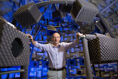 Distinguished Professor of Hearing, David McAlpine, in the Macquarie University anechoic chamber.