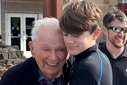 This photo provided by Linda Mitchelle shows Orville Allen of Poplar Bluff, Mo., hugging his great-grandson in March 2024. Allen died Wednesday, May 29, 2024, and his liver was successfully donated and transplanted to a 72-year-old woman. Transplant organizations say Allen is the oldest American ever to donate an organ upon death.