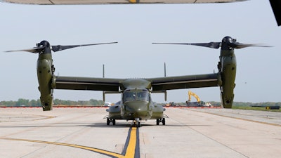 A U.S. Marine Corps Osprey aircraft taxies behind an Osprey carrying members of the White House press corps at Andrews Air Force Base, Md., April 24, 2021. Over the last two years, four Osprey crashes have killed a total of 20 service members. On Wednesday, June 12, 2024, the House subcommittee on National Security, the Border and Foreign Affairs will hold an oversight hearing into the Osprey's safety record and Pentagon management of the program.