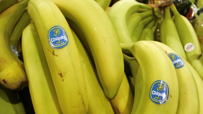 Chiquita bananas are piled on display at the Heinen's grocery store in Bainbridge, Ohio in this Aug. 3, 2005 file photo.